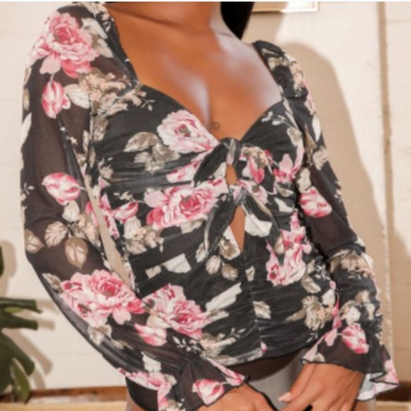Black Floral Print Tie-Front Long Sleeve Bodysuit - Picture 3 of 3